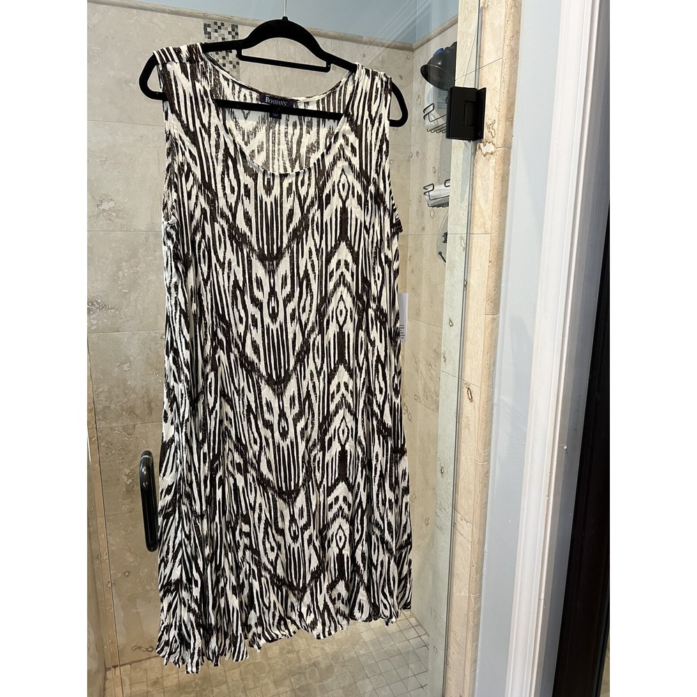 Roamans Brown Tan Ikat Fall Print Maxi Dress Plus Size 1X Sleeveless Flowy NWT